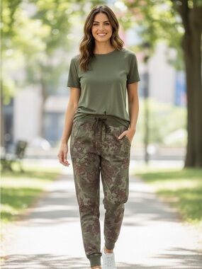 Anthropologie Floral Camo Joggers in Sage Green and Pink